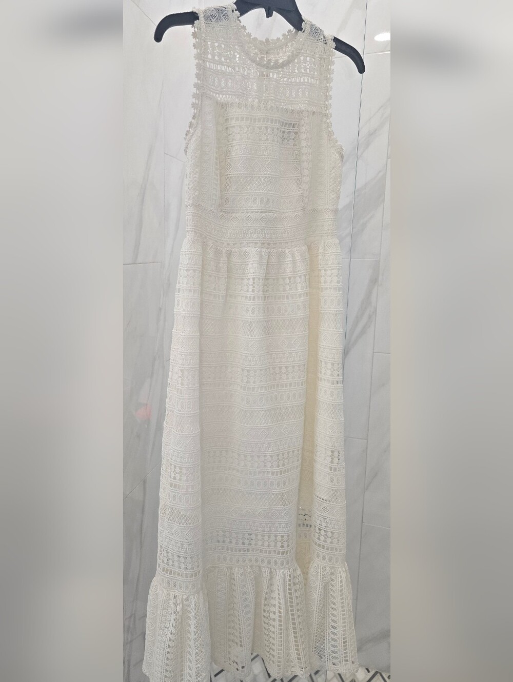 Eri + Ali White Crochet & Lace Midi Pencil Dress,Scalloped Neckline, Mermaid Hem